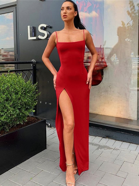 Strap Split Elastic Sleeveless Long Dress - Sabreeonline