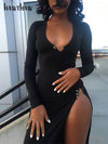 Hawthaw Women Autumn V Neck Slim Long Sleeve Hollow Out Black Open Fork Split Long Dress - Sabreeonline