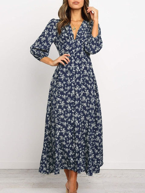 Long Dress Floral Print Lantern - Sabreeonline