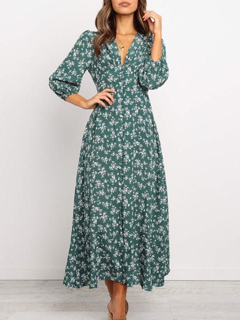 Long Dress Floral Print Lantern - Sabreeonline