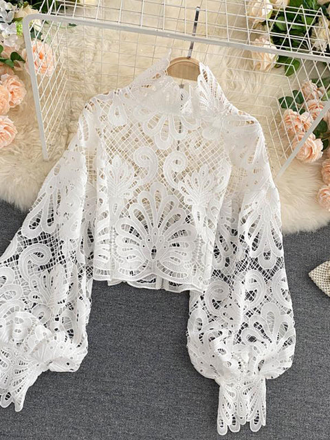 Lace Hollow Out Short Casual Blouse - Sabreeonline