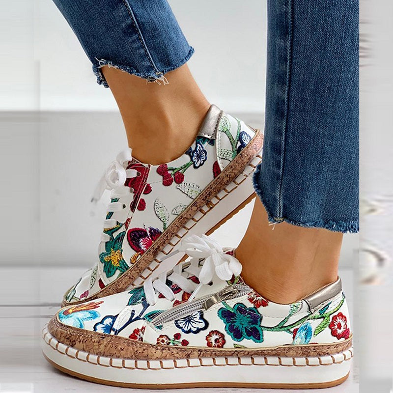 Floral Printed Lace-Up Female Flat Shoes Sneakers - Sabreeonline