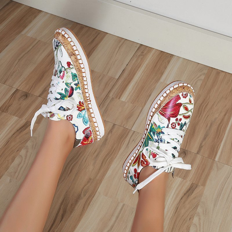 Floral Printed Lace-Up Female Flat Shoes Sneakers - Sabreeonline