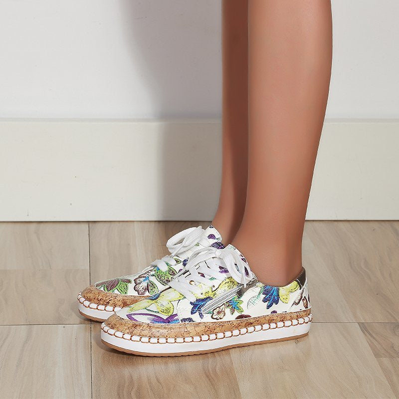 Floral Printed Lace-Up Female Flat Shoes Sneakers - Sabreeonline