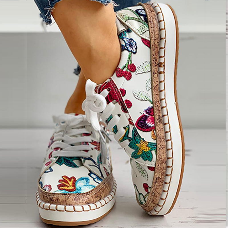 Floral Printed Lace-Up Female Flat Shoes Sneakers - Sabreeonline
