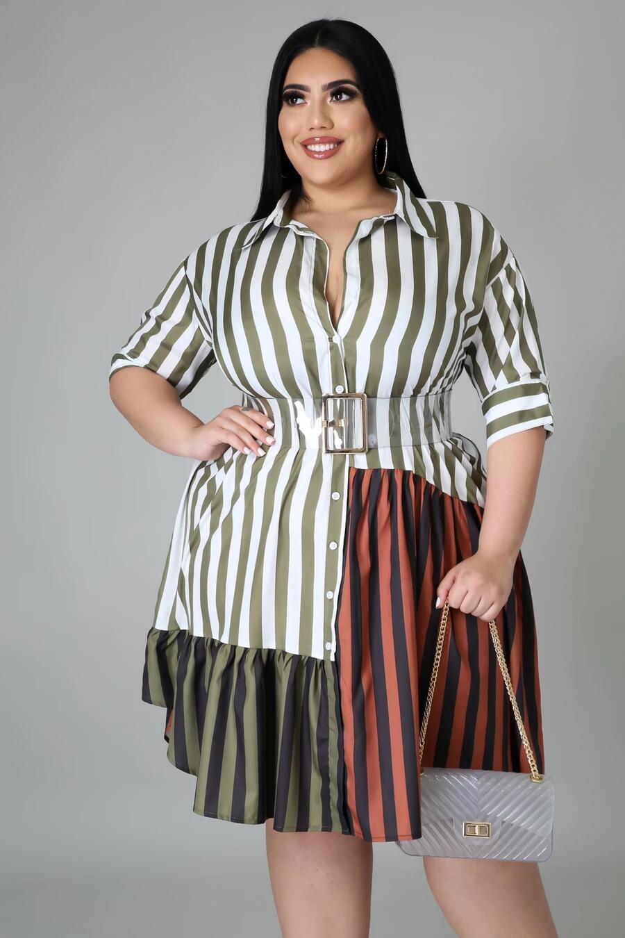 Fashion Streetwear Patchwork Striped Shirts Midi Dress - Sabreeonline