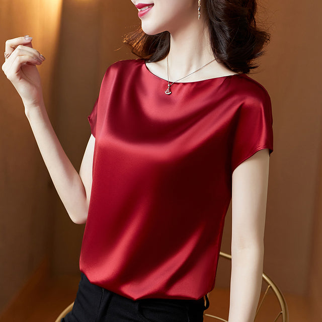Satin Short Sleeve Blouse - Sabreeonline