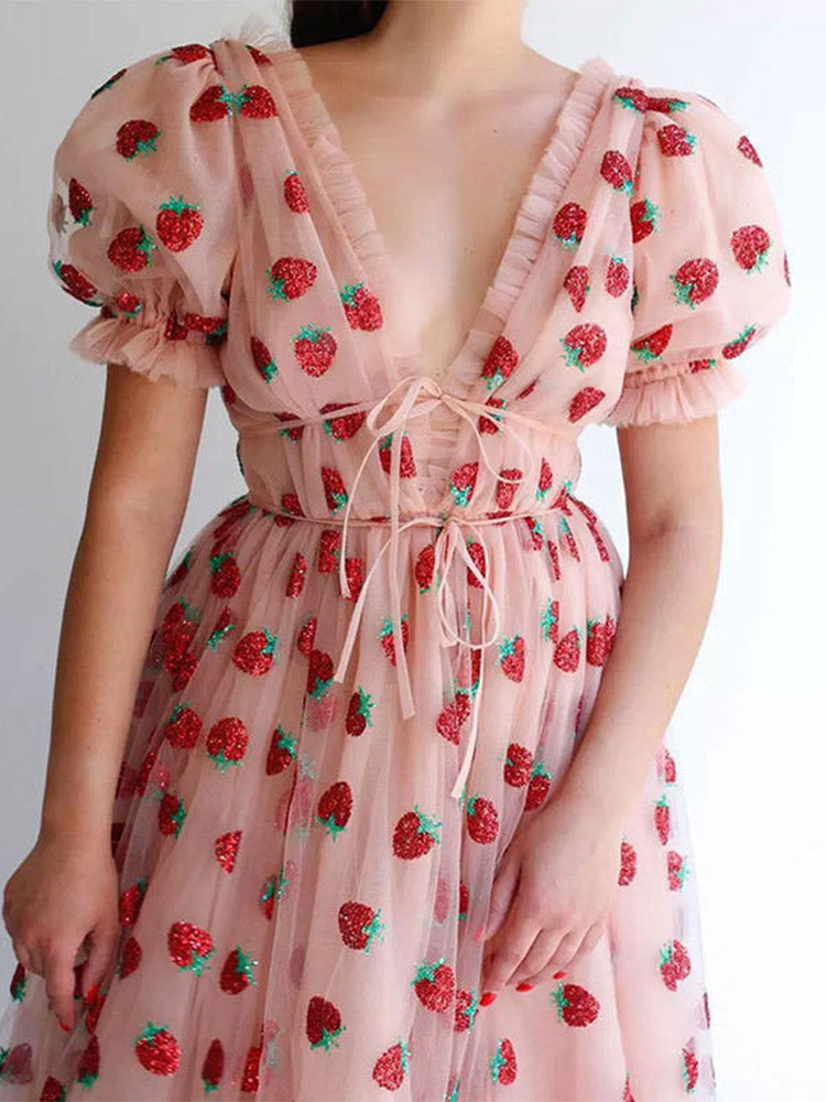 Strawberry Sexy Elegant Mesh Short Puff Sleeve Dress - Sabreeonline