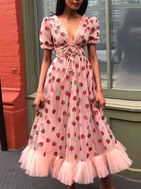 Strawberry Sexy Elegant Mesh Short Puff Sleeve Dress - Sabreeonline