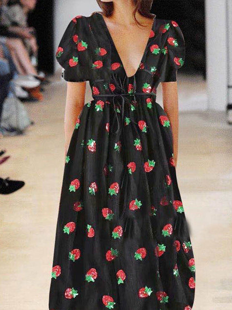 Strawberry Sexy Elegant Mesh Short Puff Sleeve Dress - Sabreeonline