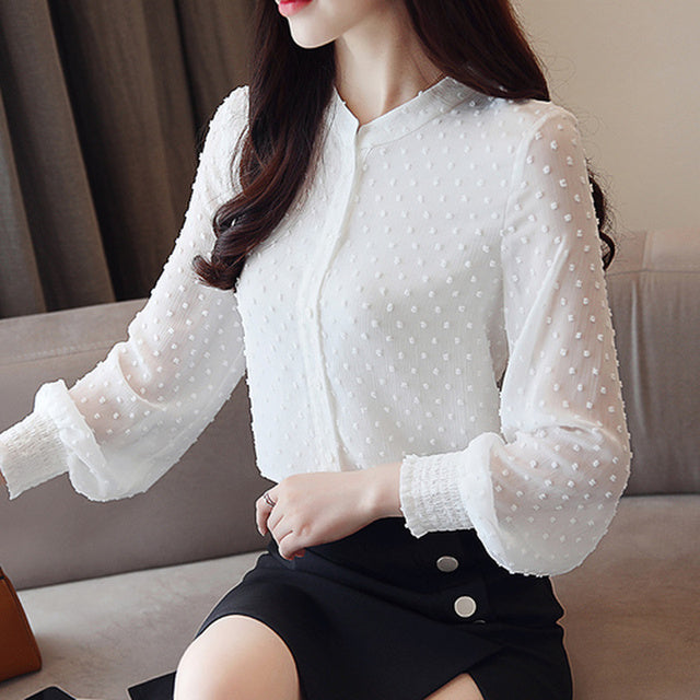 Long Sleeve White Casual Blouse - Sabreeonline