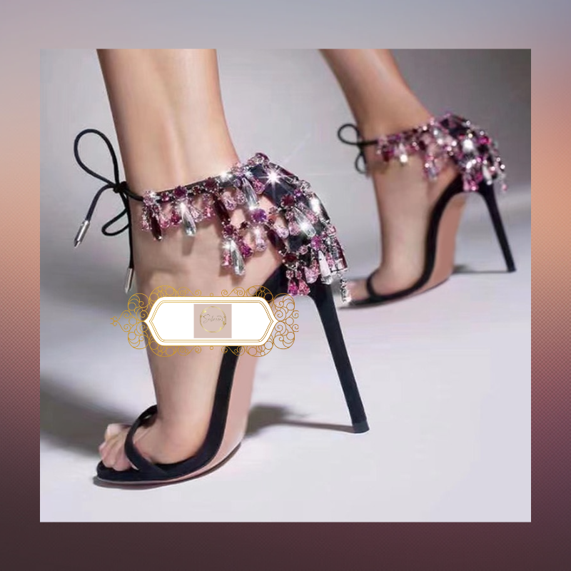 Thin High Heel Ankle Strap Shiny Crystal Shoes - Sabreeonline
